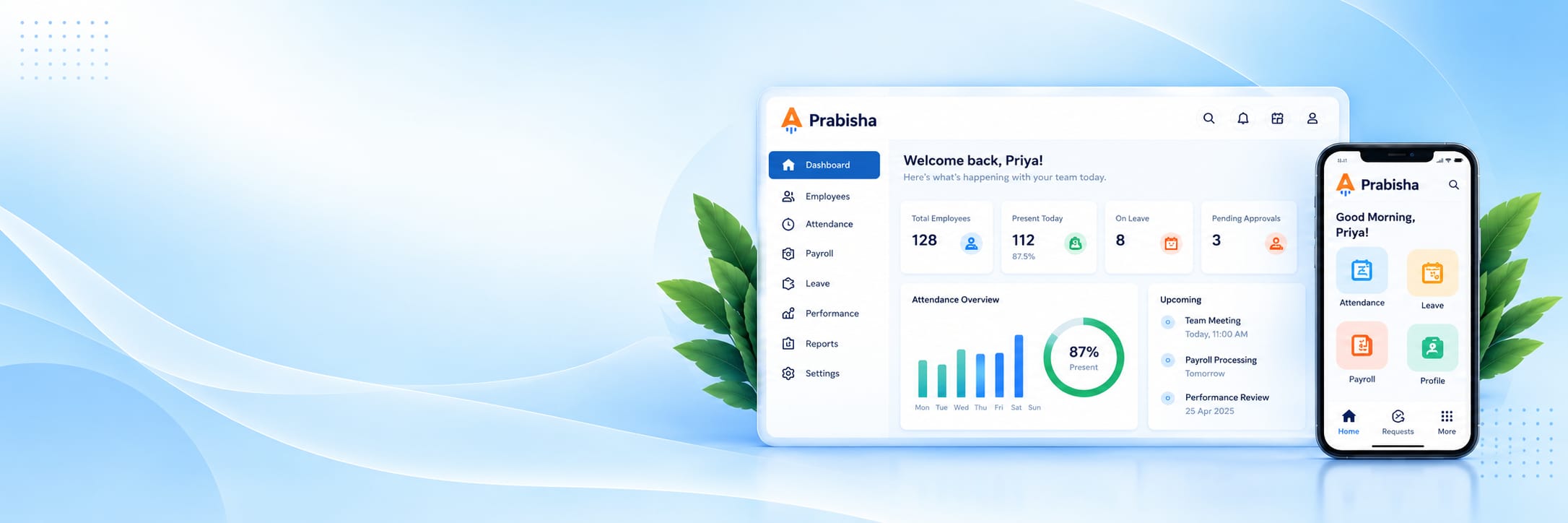 Prabisha HRMS dashboard on desktop and mobile