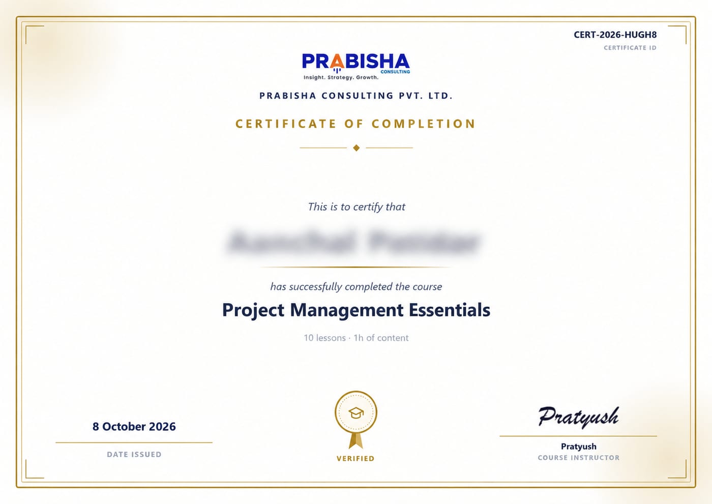 Sample Prabisha Learn certificate of completion with certificate ID, date issued and instructor signature